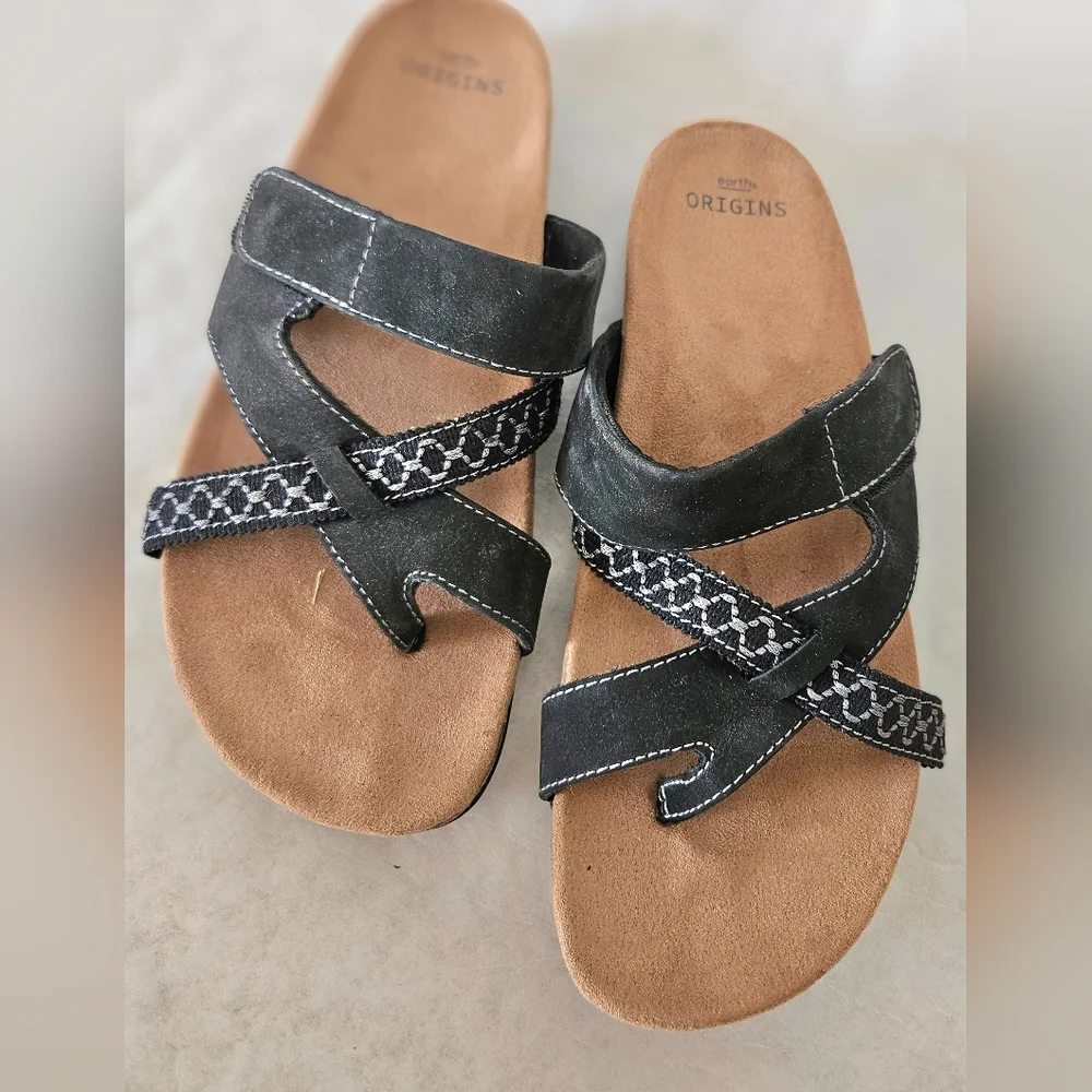 Earth Origins Black and Tan Suede Slide Sandals